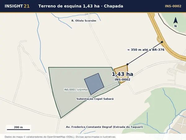 Terreno de esquina com 14.300 m² a 350 m da BR-376, na Chapada